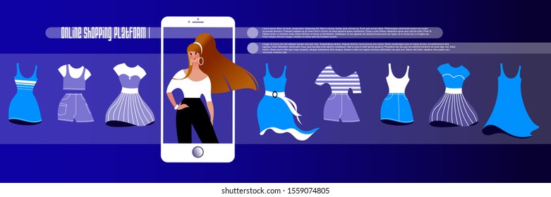 Online shopping. Mockup for landing page Women's Clothing Internet Store or advertising banner layout. Isometric vector illustration. 