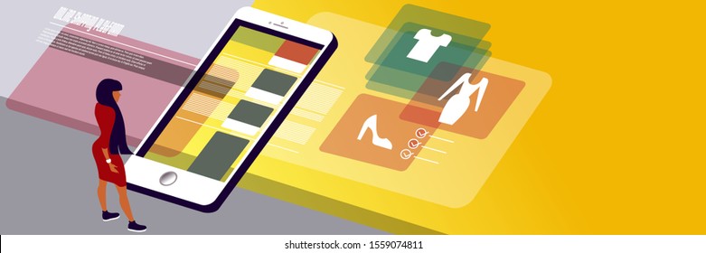 Online shopping. Mockup for landing page an internet store or advertising banner layout. Isometric vector illustration. 