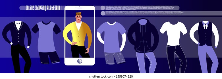 Online shopping. Mockup for landing page Men's Clothing Internet Store or advertising banner layout. Flat vector illustration. 