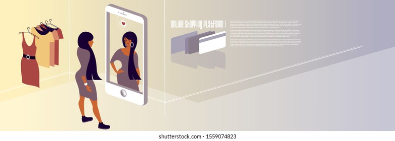 Online shopping. Mockup for landing page Women's Clothing Internet Store or advertising banner layout. Isometric vector illustration.