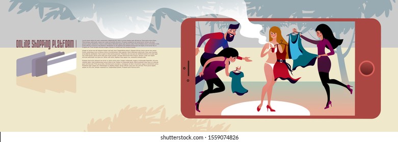 Online shopping. Mockup for landing page internet store or advertising banner layout. Isometric vector illustration. 