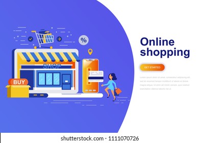 Online shopping modern flat concept web banner with decorated small people character. Landing page template. Conceptual vector illustration for web and graphic design, marketing.