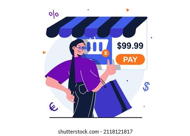 Online shopping modern flat concept for web banner design. Woman buyer selects goods and forms basket, makes and pays for order, makes bargain purchases. Vector illustration with isolated people scene