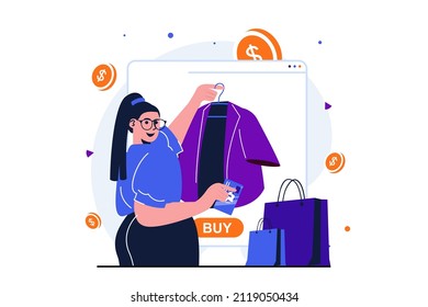 Online shopping modern flat concept for web banner design. Buyer holds stylish jacket and wants to pay its price with credit card. Woman makes purchase. Vector illustration with isolated people scene