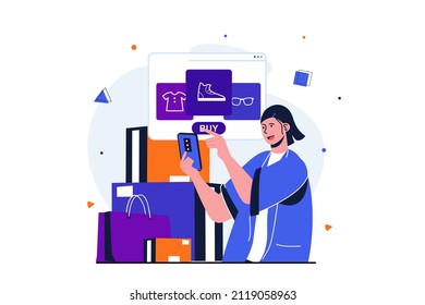 Online shopping modern flat concept for web banner design. Customer looks at assortment of store from smartphone, selects and makes purchases in app. Vector illustration with isolated people scene