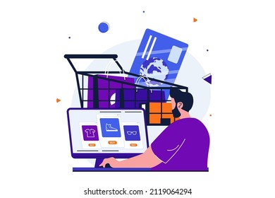 Online shopping modern flat concept for web banner design. Male customer selects goods on store website at computer, ordering and pays with credit card. Vector illustration with isolated people scene