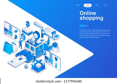 Online shopping modern flat design isometric concept. Sale, consumerism and people concept. Landing page template. Conceptual isometric vector illustration for web and graphic design.
