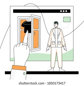 Online shopping - modern flat design style illustration with line elements. E-commerce idea. A composition with a man buying a T-shirt on the website store. Web page, laptop, bags, present images