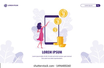 Online Shopping Modern Flat Landing Page Template. E-Commerce Market. Young Woman Shop Online in Mobile App using Smartphone. Modern Flat Vector Illustration Design for Web Page, Website.