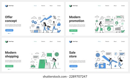 Online shopping and modern store advertising set vector illustration. Cartoon tiny people with bags run out to buy gifts when prices drop and discounts on sale, customers give likes to shop app