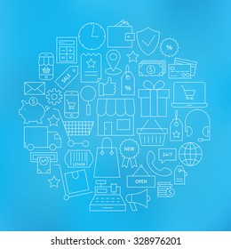 Online Shopping and Money Line Website Icons Set Circle Shaped. Vector Illustration of E-commerce Shopping and Market Objects over Blue Blurred Background