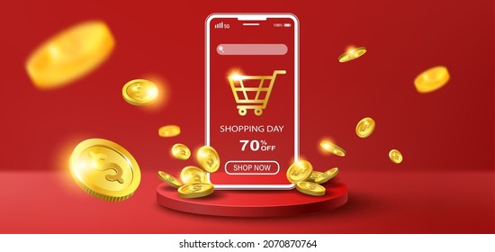 Online shopping and money on application concept, digital marketing online with golden coins falling.