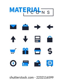 Online shopping navigation - flat design style icons set. High quality colorful images of envelope, arrow right, left, back and forth, calculator, shopping cart, gift, wallet, money, safe, purchase
