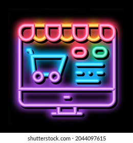 Vector de señal de luz de neón de compras en línea. Icono brillante en el signo de las compras en línea. ilustración de símbolo transparente