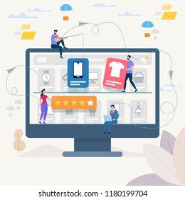 Online Shopping and Network. Ecommerce Sales, Digital Marketing. Sale and Consumerism Concept. Online Shop Application. Digital Technologies and Shoppin. Flat style Vector Illustration.