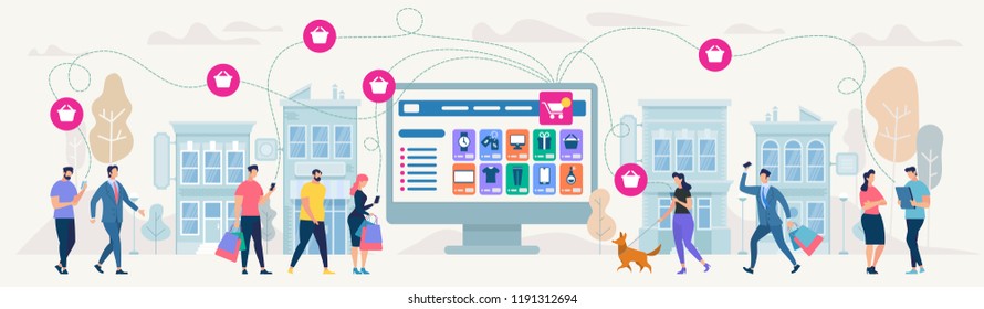 Online Shopping and Network. Ecommerce Sales, Digital Marketing. Sale and Consumerism Concept. Online Shop Application. Digital Technologies and Shoppin. Flat style Vector Illustration.