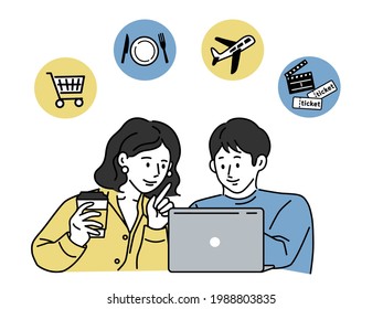 Tiendas y redes en línea. Ilustración vectorial. Compras, comida, viajes, entradas, sin efectivo, planes, búsqueda,