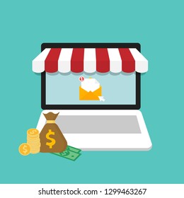 Online shopping and new email notification on laptop, computer with money icon. Flat design vector illustration