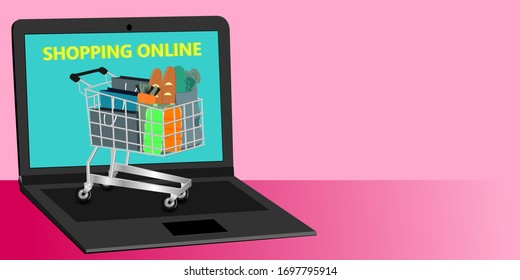 Online shopping, Notebook computer and shopping carts with paper bags inside And many things with the gradient background.vector,illustrstion,eps.