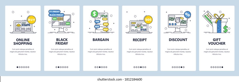 Online shopping offers, deals and sales. Gift voucher, bargain, discount. Black friday. Mobile app screens. Vector banner template for website and mobile development. Web site design illustration.