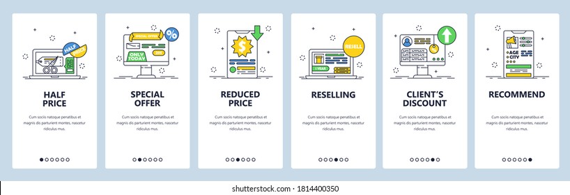 Online shopping offers, discounts, gifts, reselling. Customer loyalty and acquisition. Mobile app screens. Vector banner template for website and mobile development. Web site design illustration.