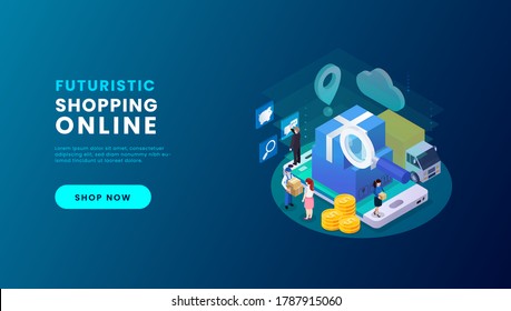 Online-Shopping auf Anwendungen und Website-Konzept, digitales Marketing online, Einkaufswagen mit neuen Artikeln auf digitalen Geräten. Vektorgrafik.
