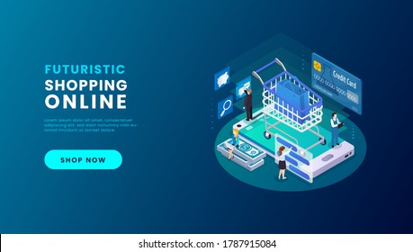Compras en línea en aplicación y concepto de sitio web, marketing digital en línea, carrito de compras con nuevos artículos en dispositivos digitales. ilustración vectorial.