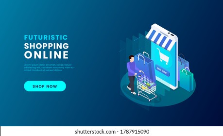 Online shopping on application and website concept, digital marketing online, shopping cart with new items on digital devices. vector illustration.