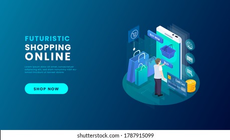 Compras en línea en aplicación y concepto de sitio web, marketing digital en línea, carrito de compras con nuevos artículos en dispositivos digitales. ilustración vectorial.