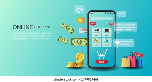 Online shopping on application and website concept, digital marketing online, shopping cart with new items on smartphone screen.