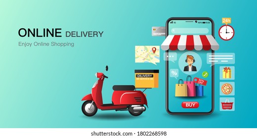 Compras en línea en aplicación y concepto de sitio web, servicio rápido de scooter, marketing digital, banner, aplicación, paquetes de entrega o comida a casa y oficina. Ilustración vectorial.