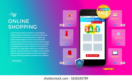 Compras en línea en aplicación y concepto de sitio web, marketing digital en línea, carrito de compras con nuevos artículos en pantalla de smartphone.