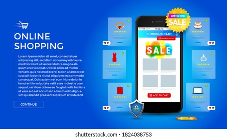 Online shopping on application and website concept, digital marketing online, shopping cart with new items on smartphone screen.