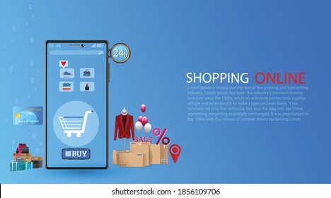 Online shopping on application and website concept, digital marketing online, shopping cart with new items on smartphone screen. Long Background