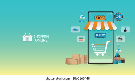Compras en línea en aplicación y concepto de sitio web, marketing digital en línea, carrito de compras con nuevos artículos en pantalla de smartphone. Fondo largo