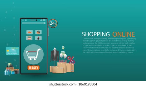 Compras en línea en aplicación y concepto de sitio web, marketing digital en línea, carrito de compras con nuevos artículos en pantalla de smartphone. Fondo largo