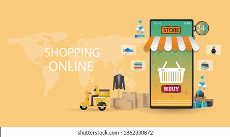 Compras en línea en aplicación y concepto de sitio web, marketing digital en línea, carrito de compras con nuevos artículos en pantalla de smartphone. Fondo largo