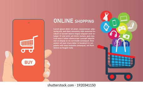 Online shopping on application and website concept, digital marketing online, shopping cart in troley with buy items on smartphone screen.