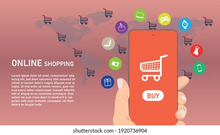 Online Shopping On Application And Website Concept, Digital Marketing Online, Shopping Cart In Troley With Buy Items On Smartphone Screen.