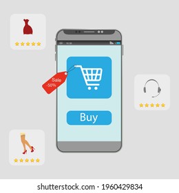 Online shopping on application and website concept, digital marketing online, shopping cart with new items on smartphone screen.