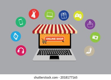 Compras en línea en aplicación y concepto de sitio web, marketing digital en línea, carrito de compras con nuevos artículos en la pantalla del portátil.
