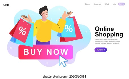 Compras online en aplicación y concepto de sitio web, marketing digital en línea. Icono de Ilustración Comprar Ahora. Ahora comprar botón rojo con cursor de mano. Haga clic en el botón.