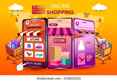 Online shopping on application and website concept, 
digital marketing online, shopping cart with new items
on smartphone screen. Long Background


