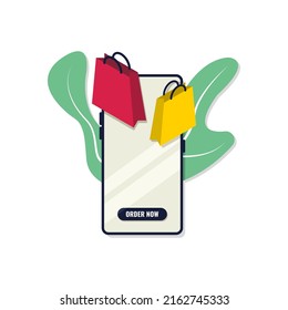 Compras online en aplicación y concepto de sitio web. Teléfono inteligente móvil con aplicación de compra, vector plano de compra sobre fondo blanco, plantilla de compra en línea.