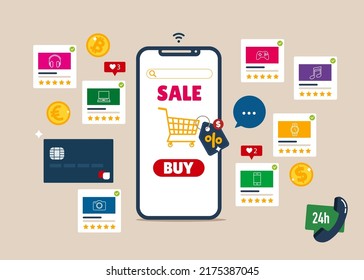 Online-Shopping auf Applikation und Website-Konzept, digitales Marketing online, Einkaufswagen mit neuen Artikeln auf Smartphone-Bildschirm.