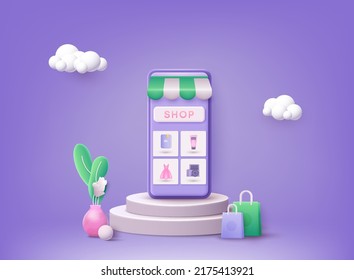 Compras en línea en aplicación y concepto de sitio web, marketing digital en línea, carrito de compras con nuevos artículos en pantalla de smartphone. Ilustraciones de vectores Web 3D.