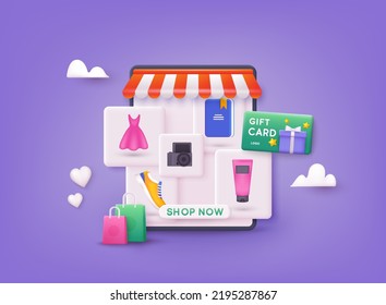 Compras en línea en aplicación y concepto de sitio web, marketing digital en línea, carrito de compras con nuevos artículos en pantalla de smartphone. Ilustraciones de vectores Web 3D.