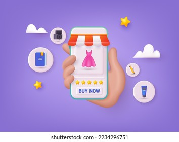 Online shopping on application and website concept, digital marketing online, shopping cart with new items on smartphone screen. 3D Web Vector Illustrations.