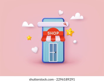 Compras en línea en aplicación y concepto de sitio web, marketing digital en línea, carrito de compras con nuevos artículos en pantalla de smartphone. Ilustraciones de vectores Web 3D.