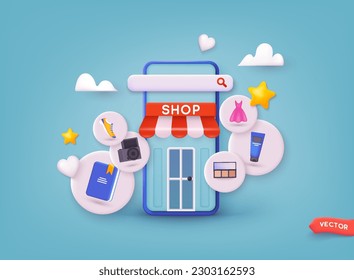 Compras en línea en aplicación y concepto de sitio web, marketing digital en línea, carrito de compras con nuevos artículos en pantalla de smartphone. Ilustraciones de vectores Web 3D.